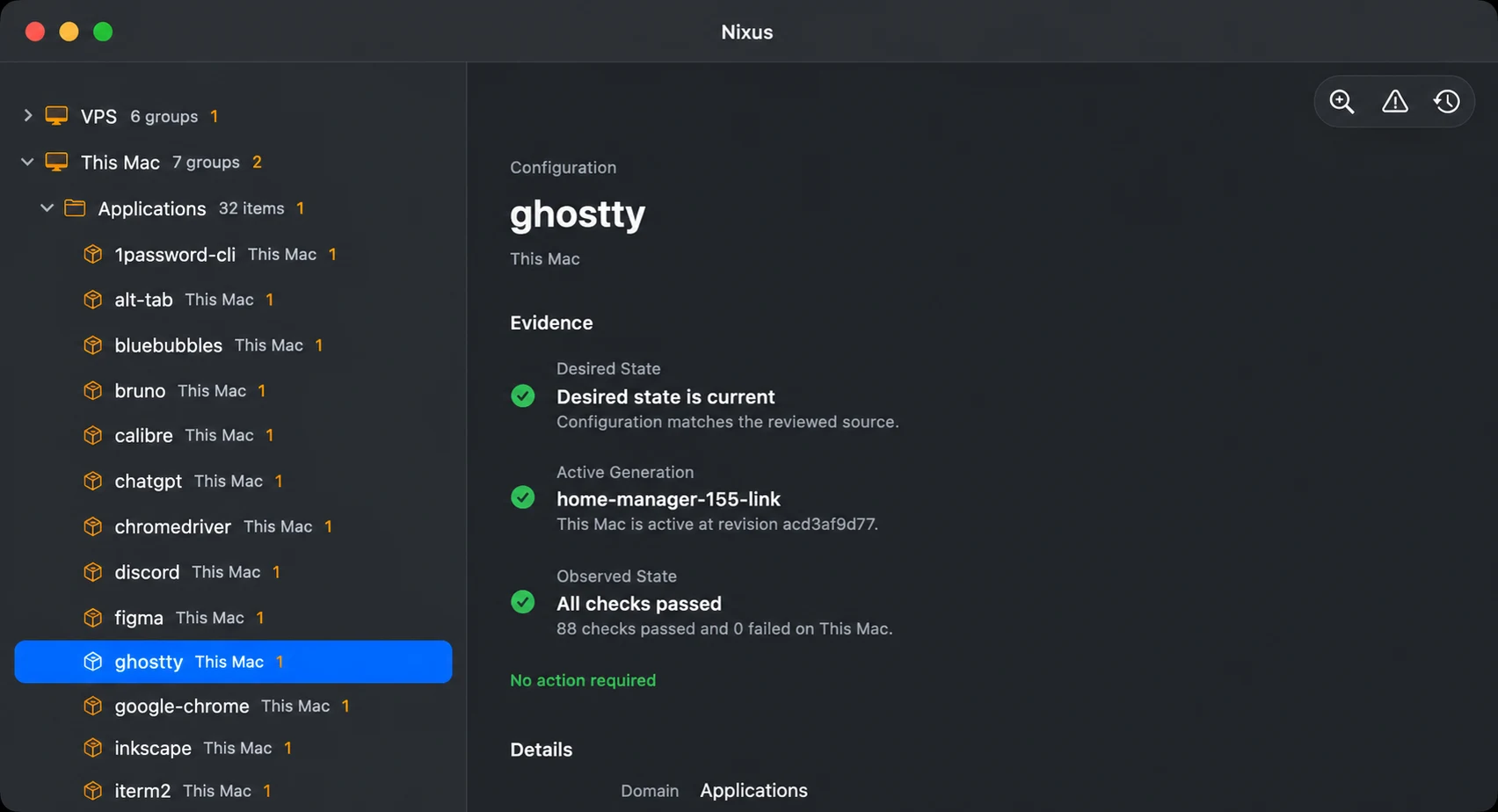 Nixus in dark mode showing the ghostty application configuration