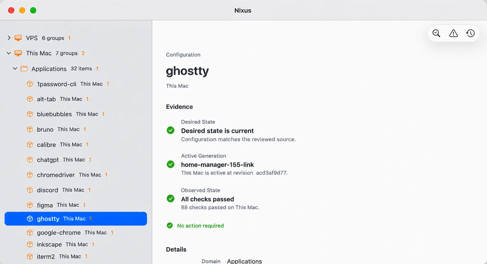 Nixus in light mode showing the ghostty application configuration
